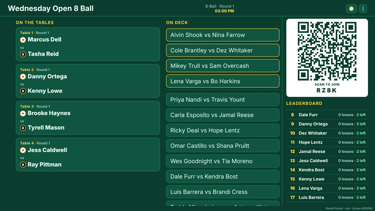 RackerTracker live tournament board on a TV: tables in play, on-deck matches, leaderboard and the join QR code